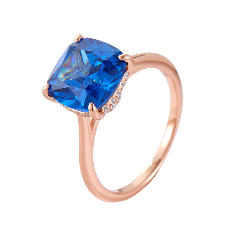 Blue Pillow-Shaped 10 Zircon Sterling Silver-Plated Rose Gold Ring Luxury Color Treasure Quality