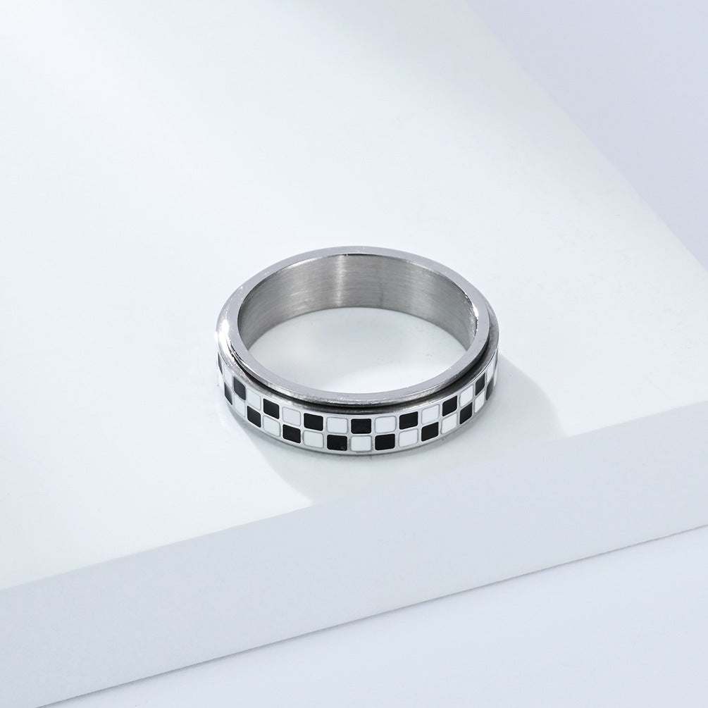 Planderful Rotating Plaid Ring For Women Black And White Niche Design High End Steel Jewelry