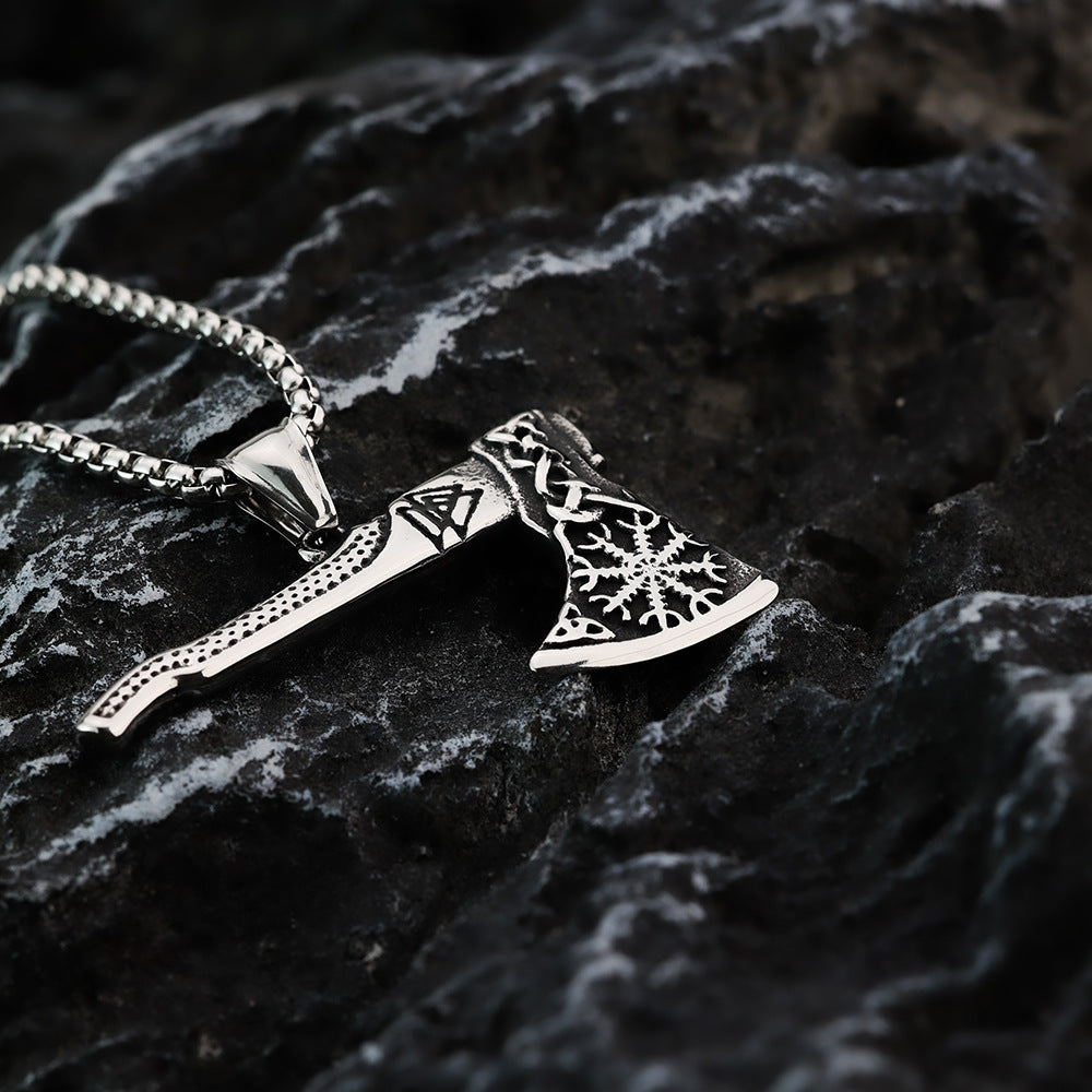 Vintage Men's Stainless Steel Pendant Viking Compass Axe Necklace