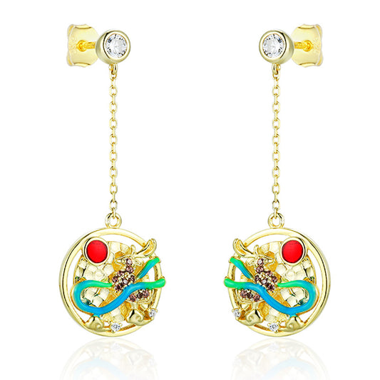 Coloured Deer Tassel Round Pendant Zircon Sterling Silver Drop Earrings