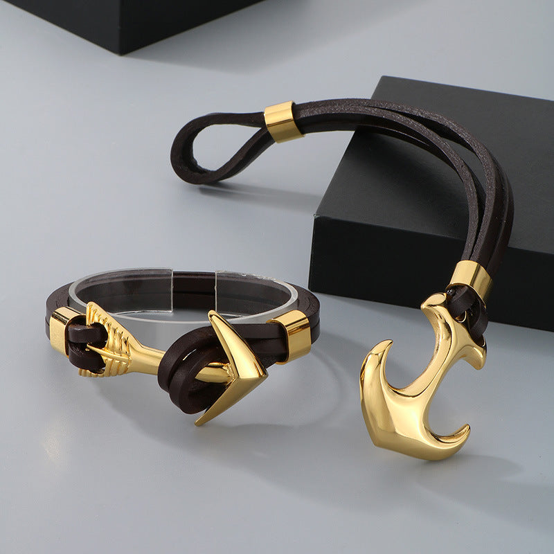 Planderful Men Pirate Durable Steel Cowhide Anchor Bracelet