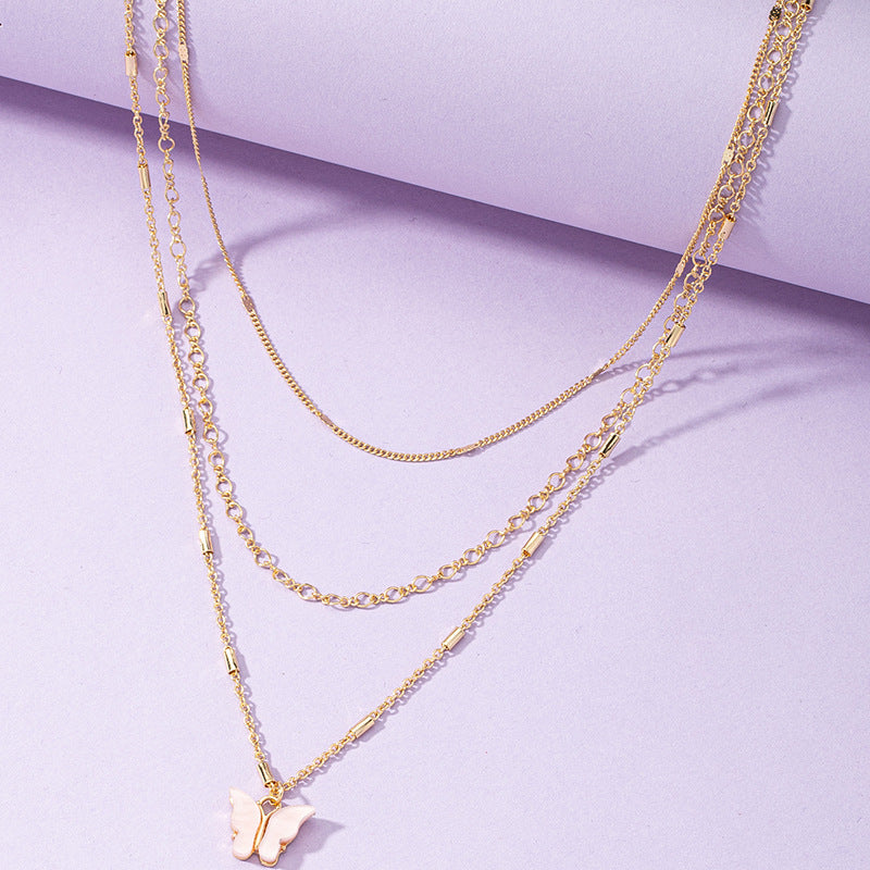 Elegant 3-Layer Butterfly Necklace with Multi-color Layers for Women, Stylish Sweater Chain