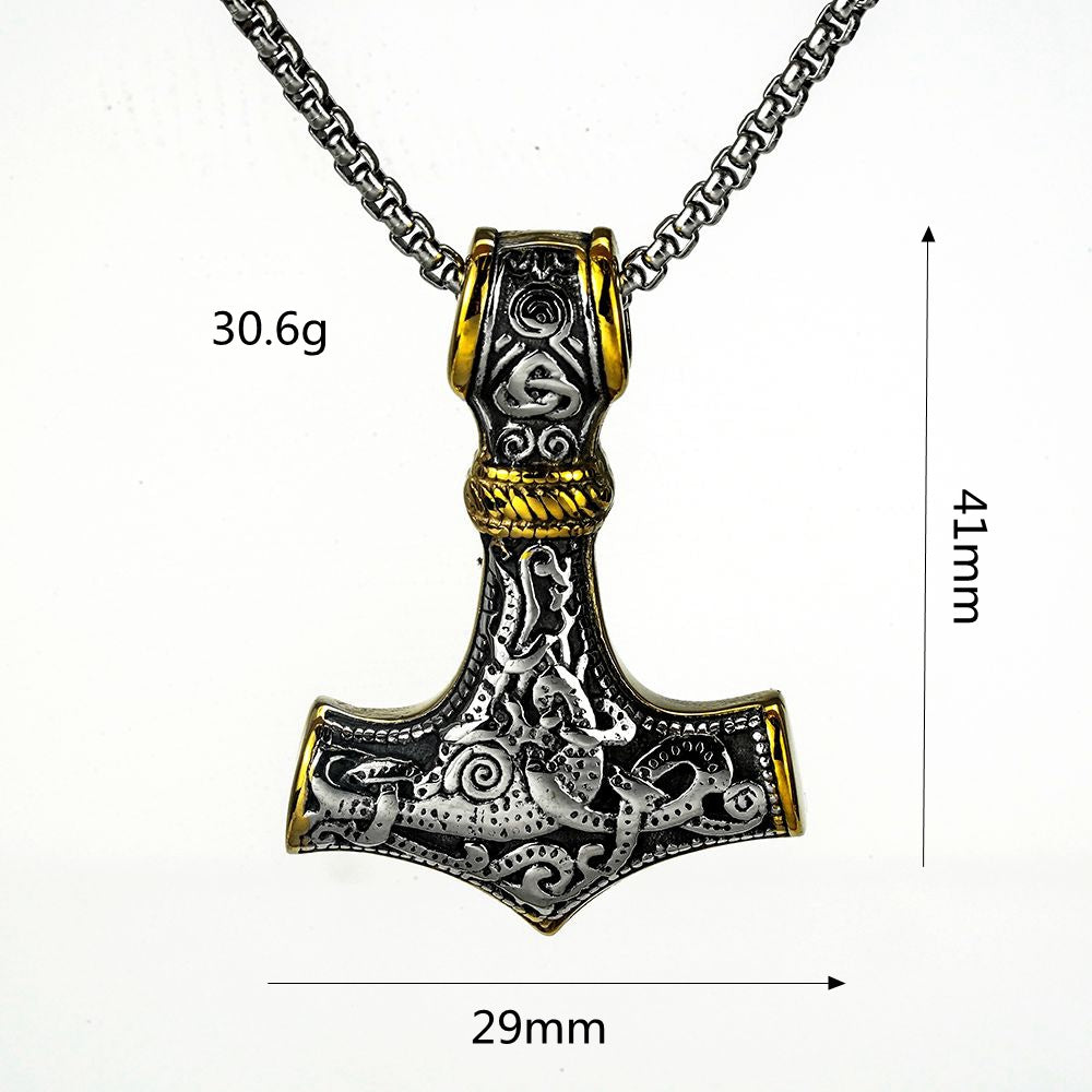 Planderful Thor Hammer Pendant Necklace for Men in Stainless Steel Double Sided Iconic Norse Mythology Jewelry