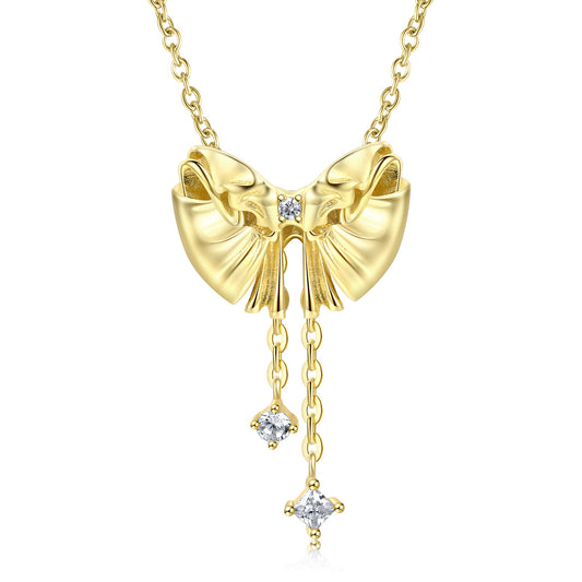 Golden Bow Pendant Tassels Zircon Silver Necklace
