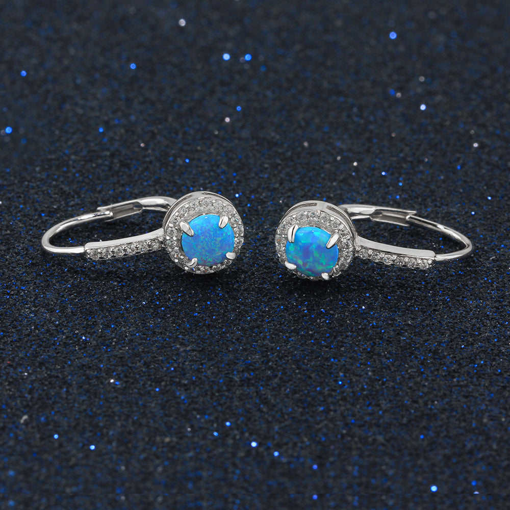 Planderful Jewelry Opal Earrings Sterling Silver Halo Blue Round Zircon Accent Elegant Hoops