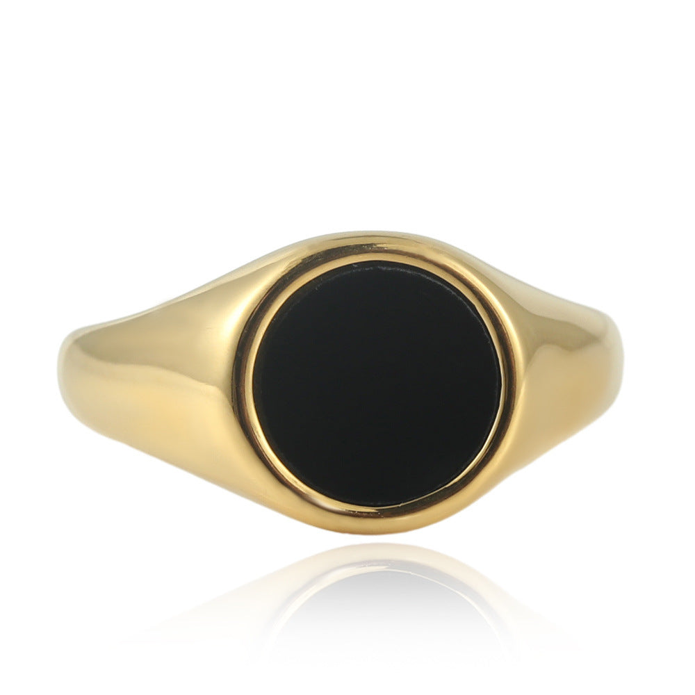 Men's Retro Black Round Ring in Titanium Steel - European and American Style