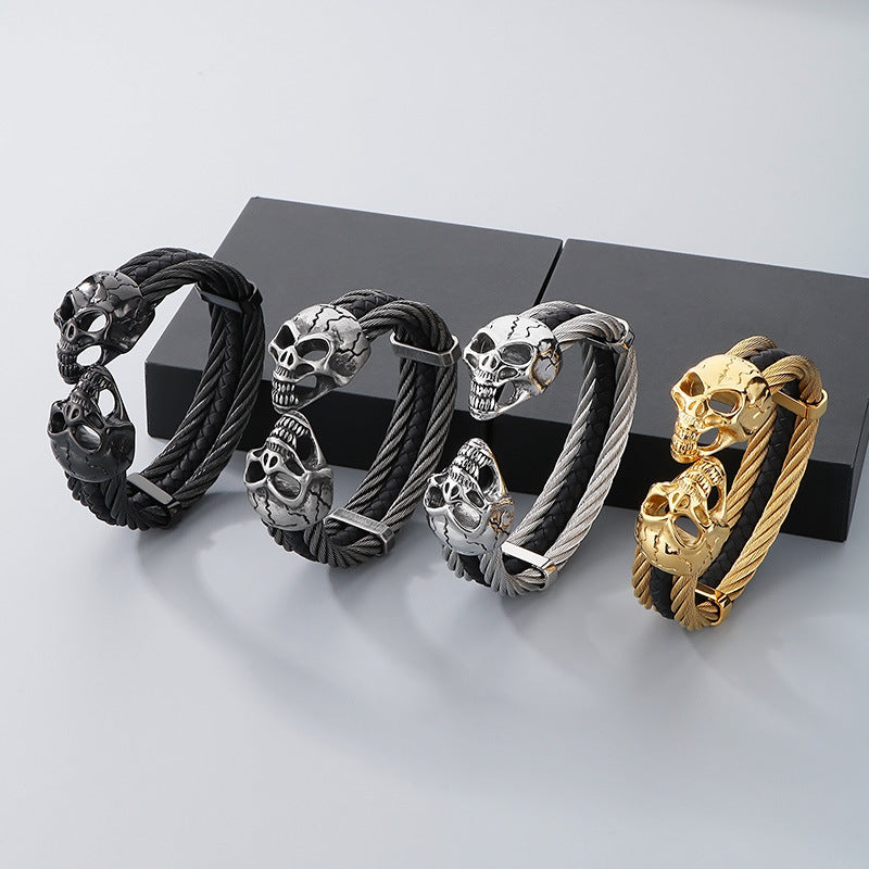 Planderful Mens Skull Wolf Head Steel Leather Bracelet