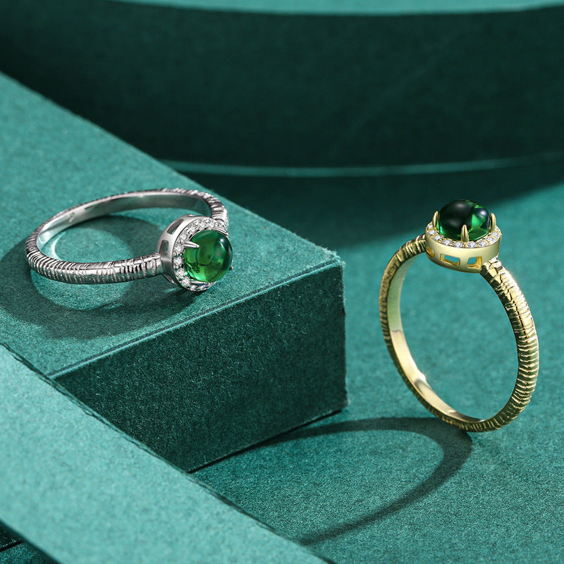Green Agate Sterling Silver Gold Plated Ring - European/American Luxury Jewelry