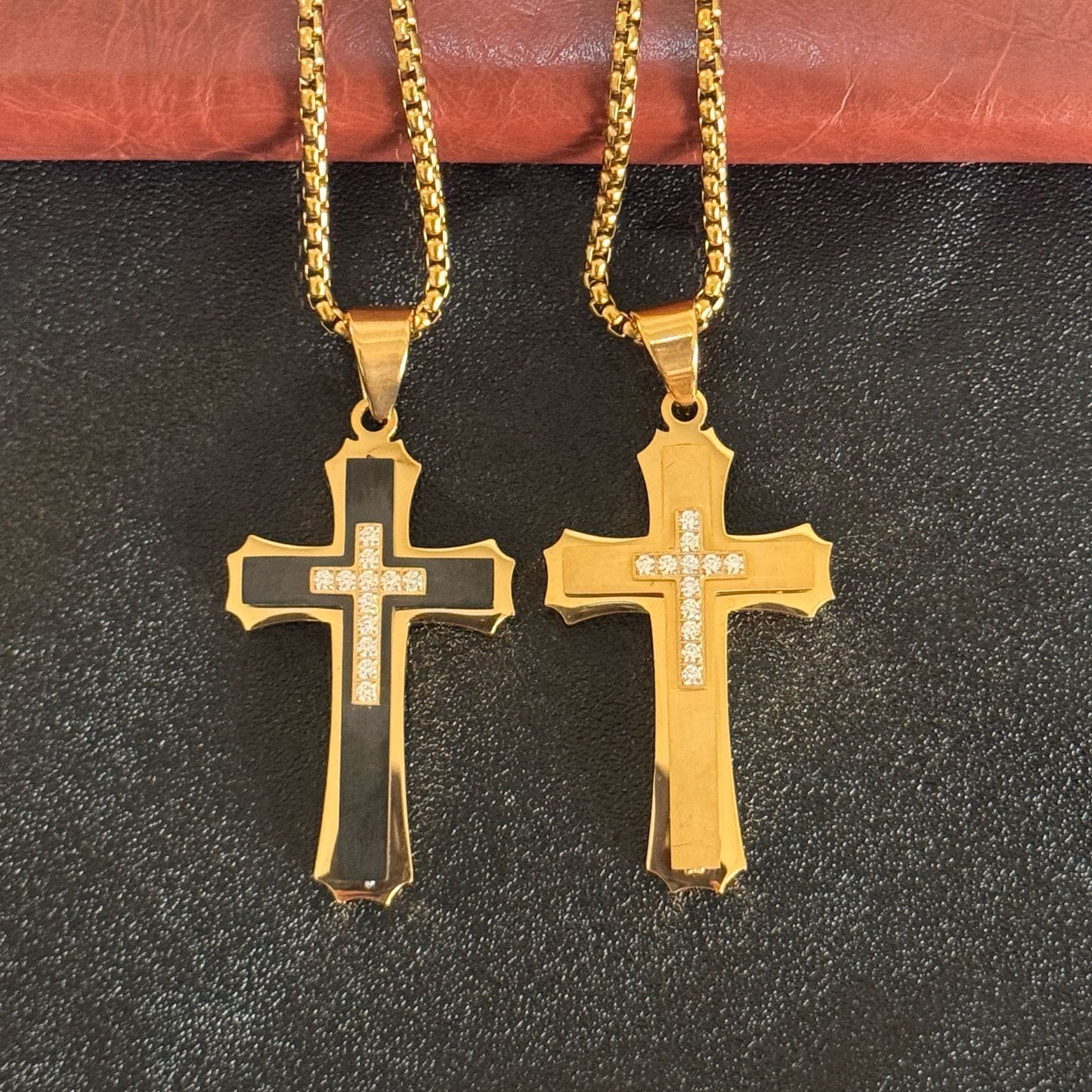 Planderful Titanium Steel Cross Pendant With Zircon Inlay 3D Three Layer Mens Stainless Necklace Punk European Style