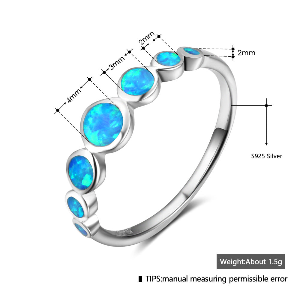 Planderful Jewelry Sterling Silver Opal Ring Blue Opal Seven Stone European Fashion