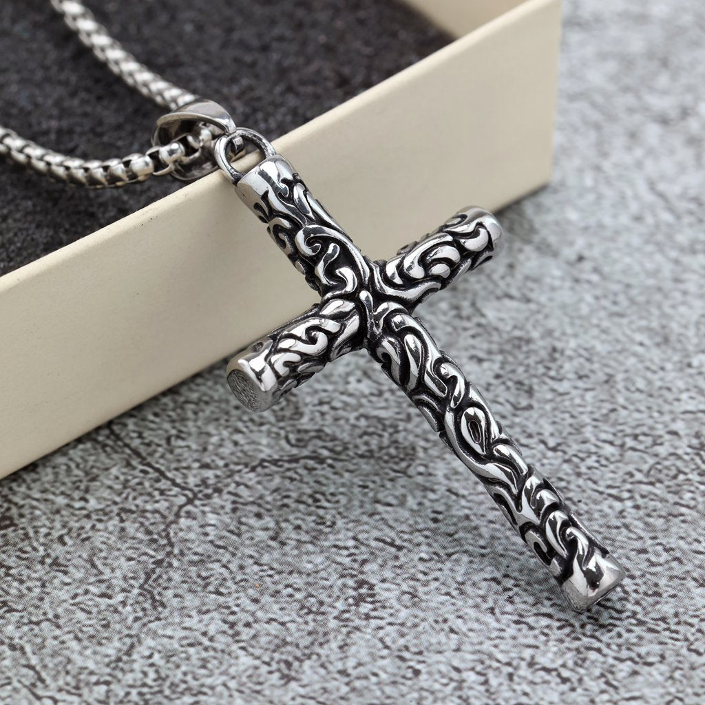Planderful Retro Cross Pendant Unisex Double Sided Engraved Stainless Steel Necklace