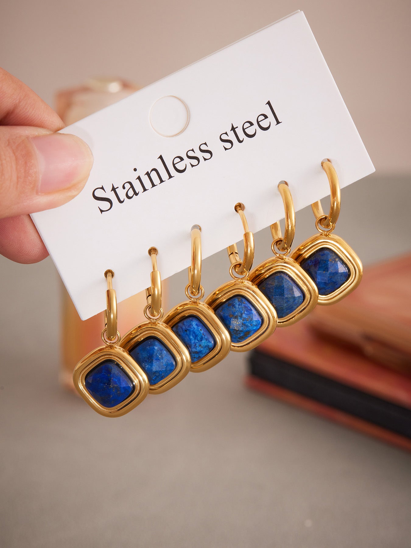 Planderful Lapis Rhombus Earrings Women Gold Plated