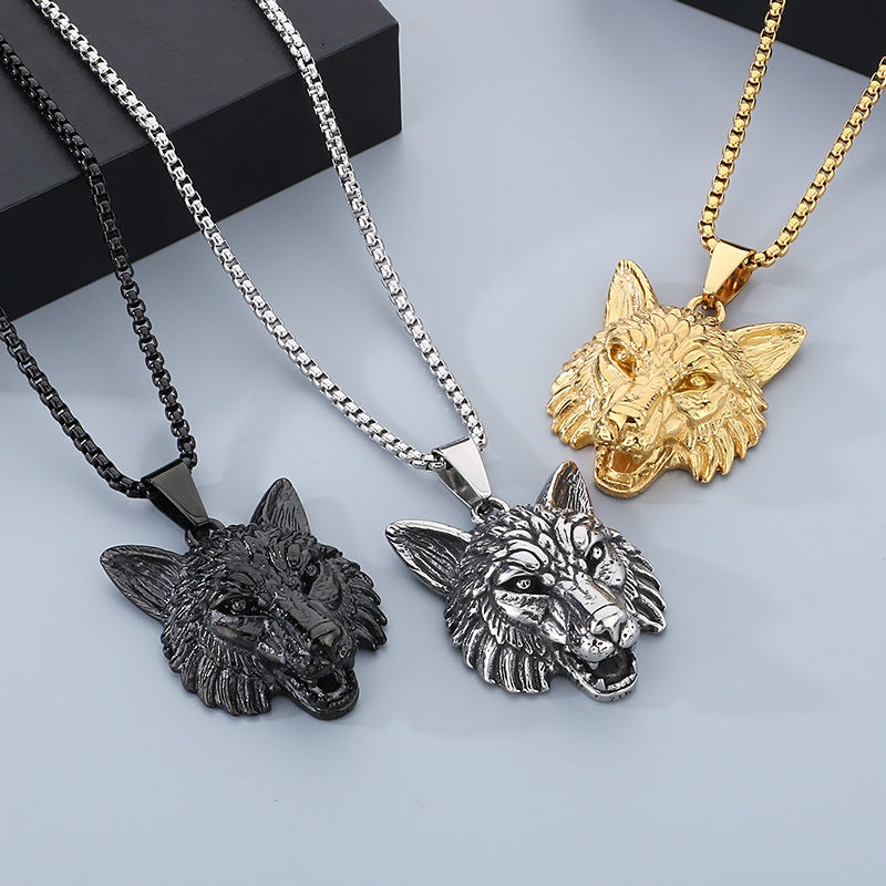 Animal, Punk Retro Viking Direwolf Head Stainless Steel Pendant For Men Necklace
