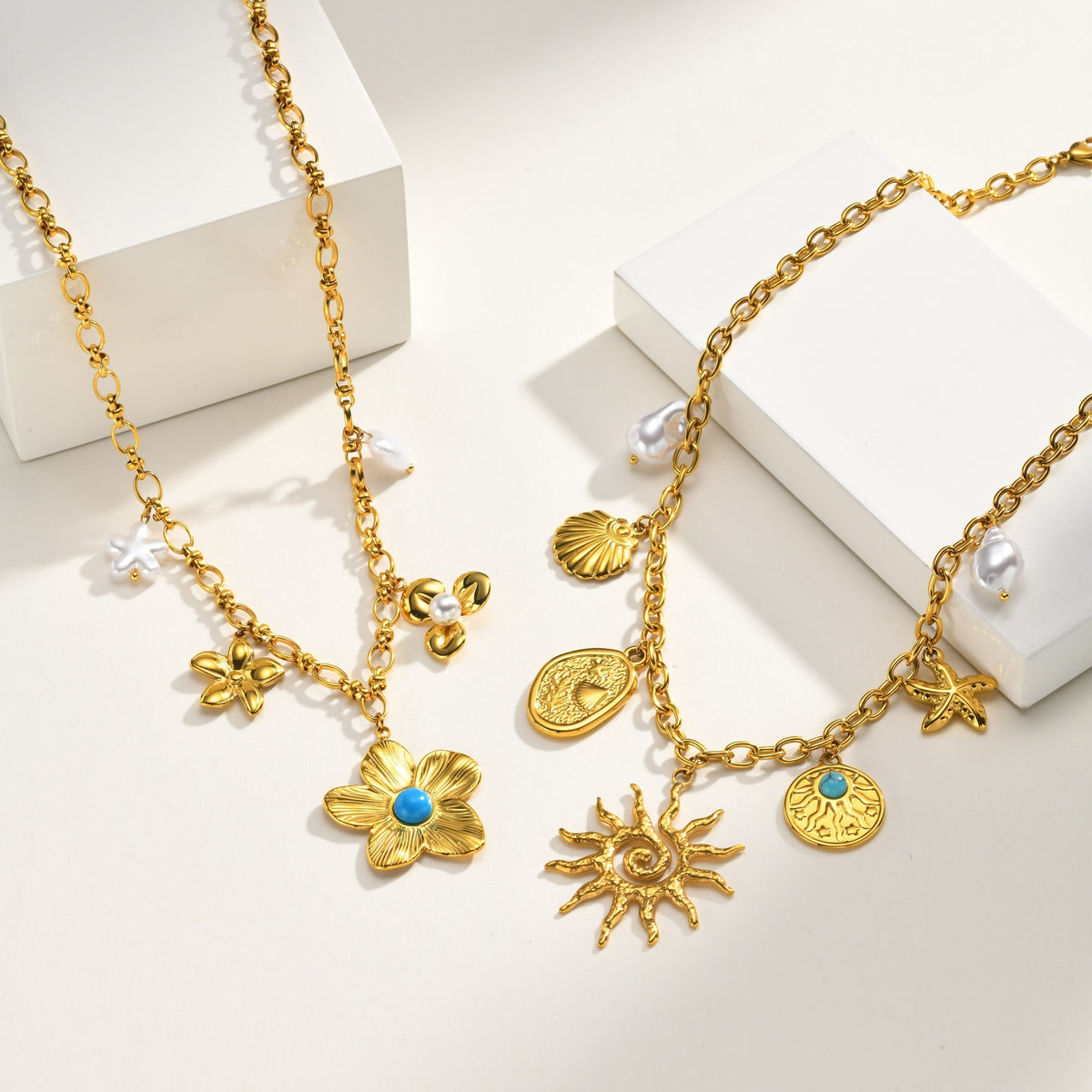 Stainless Steel Necklace Diy Ocean Wind Flower Imitation Pearl Necklace Gold