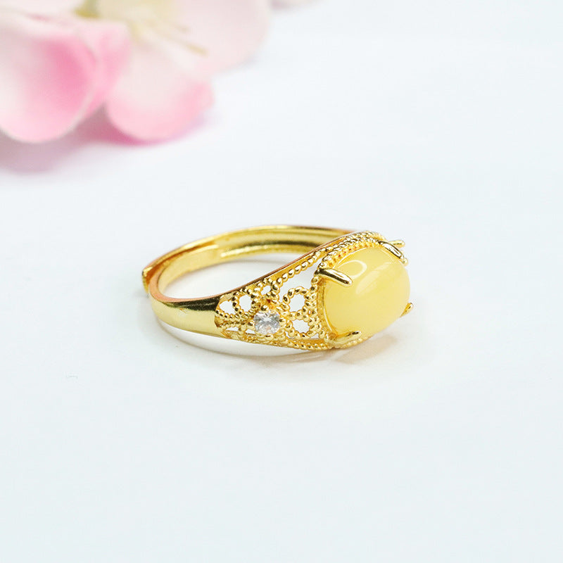 Hollow Ring Crafted from Sterling Silver and Beeswax Amber