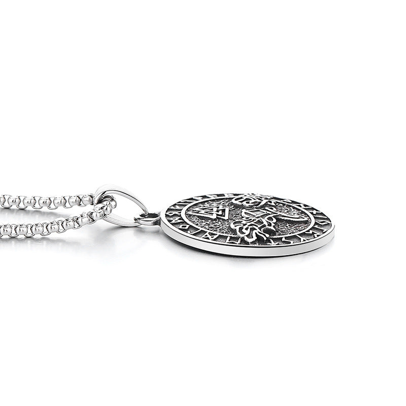 Steel Necklace – Statement Viking Rune Double Wolf Head