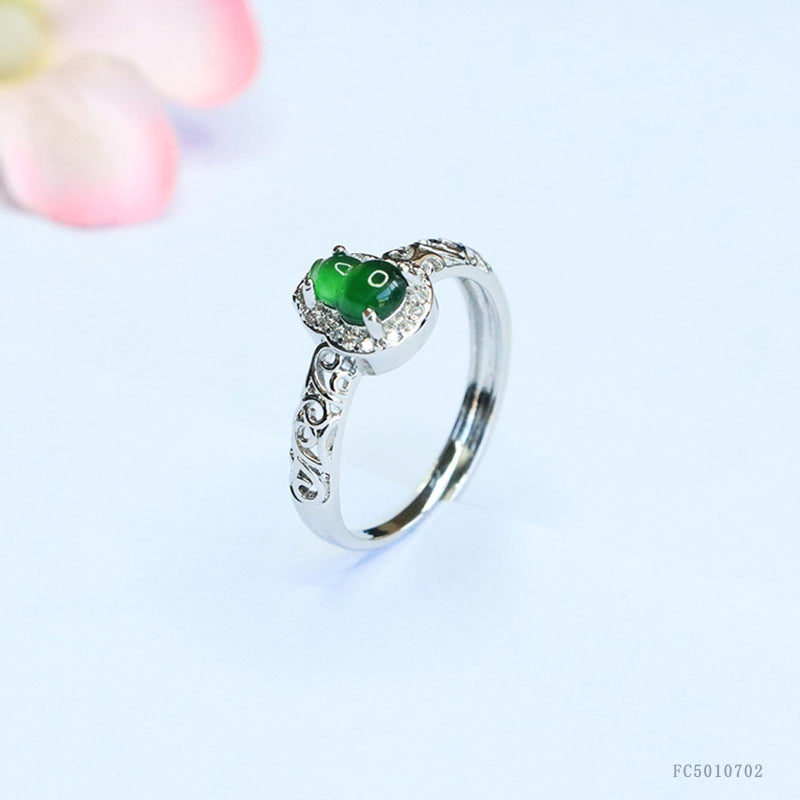 Green Jadeite Gourd Ruyi Openwork Ring