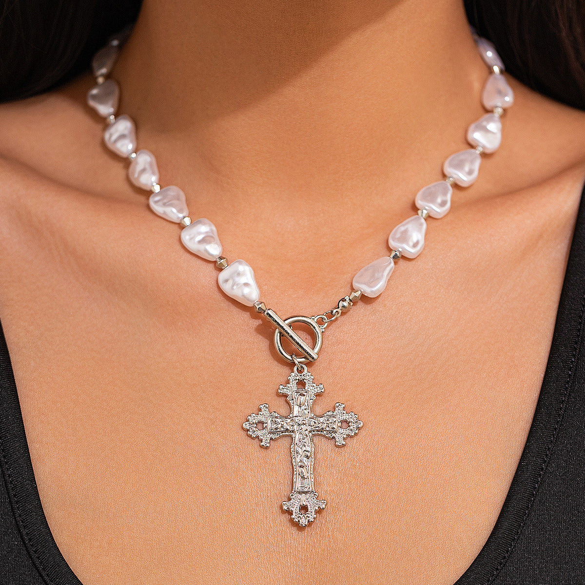 Baroque Pearl & Cross Toggle Necklace