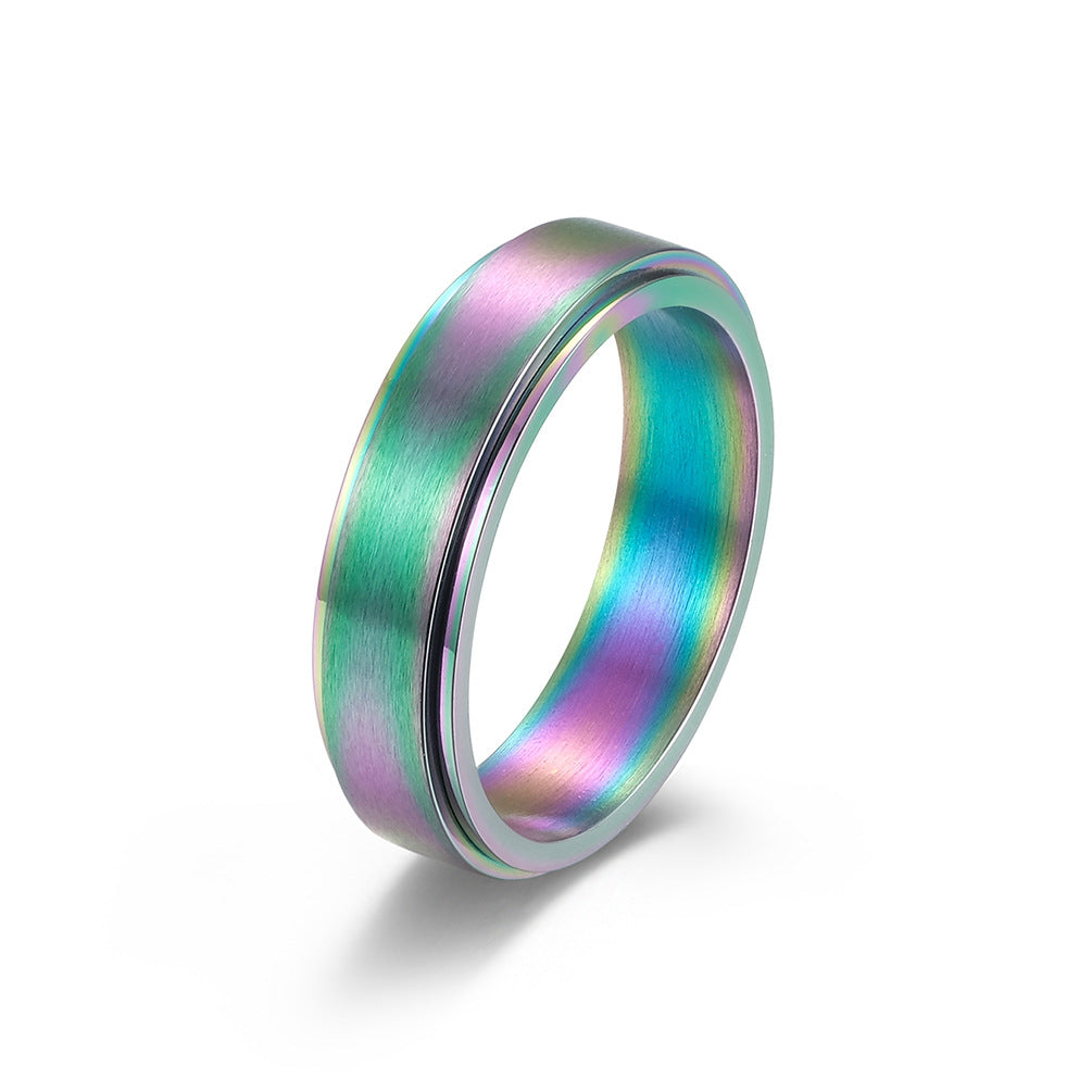 Planderful Rainbow Titanium Steel Ring For Couples Rotating Matte Sand Surface Stainless Steel Band Unisex