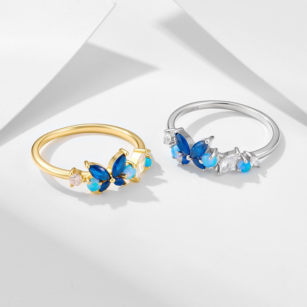 S925 Sterling Silver Zircon Opal Butterfly Ring
