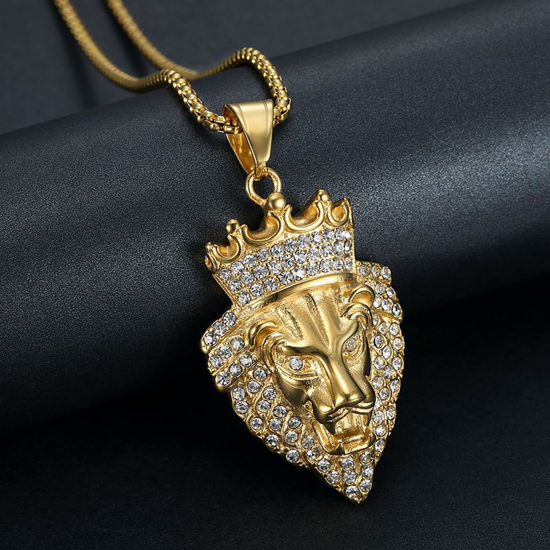 Planderful Hip Hop Lion Necklace Gold Plated Titanium Steel Rhinestone Crown Pendant For Hip Hop Fans