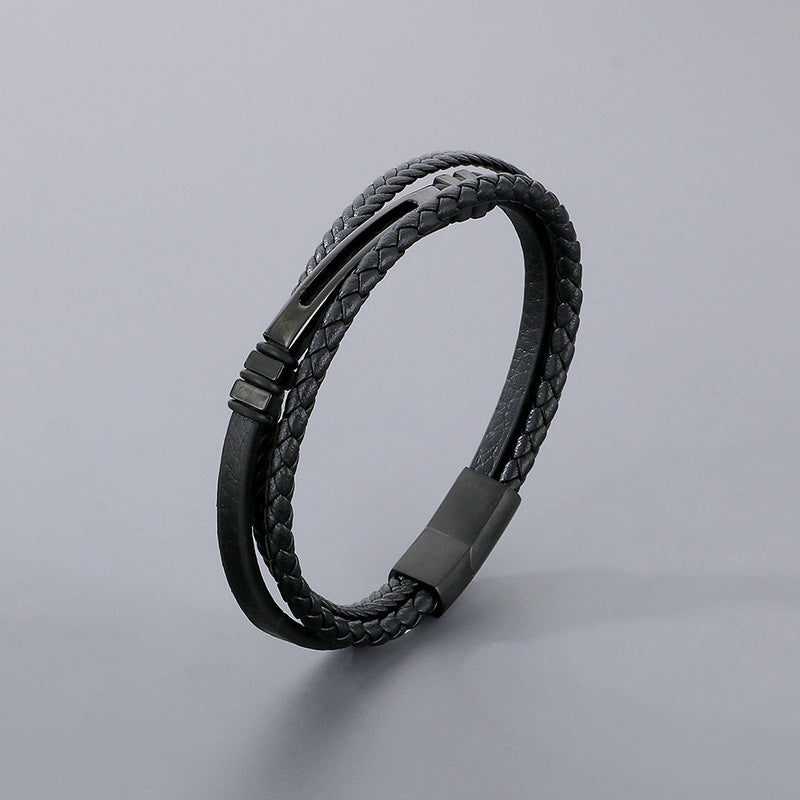 Planderful Stainless Steel Leather Rope Bracelet Men Black