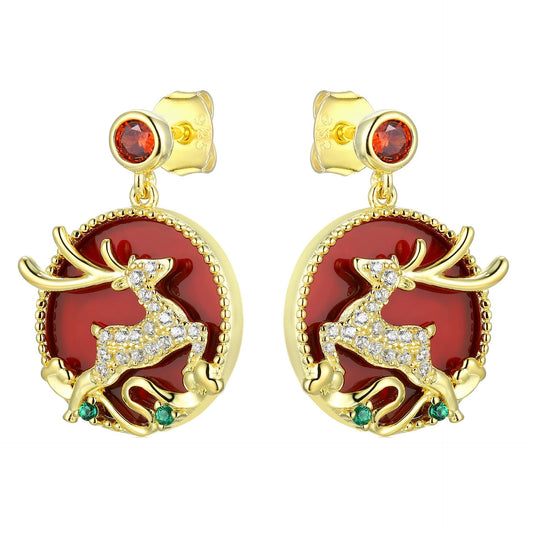 Christmas Deer Red Agate Round Disc Pendant Zircon Sterling Silver Earrings