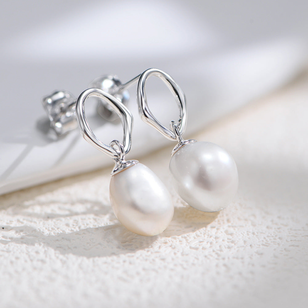 Planderful S925 Sterling Silver Earrings With Geometric Hollow Design And Natural Baroque Pearl Pendant For Women