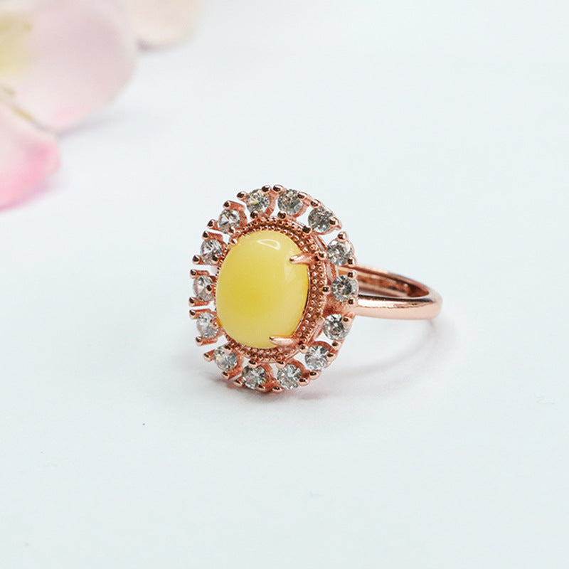 Amber Beeswax Zircon Ring with Adjustable Opening