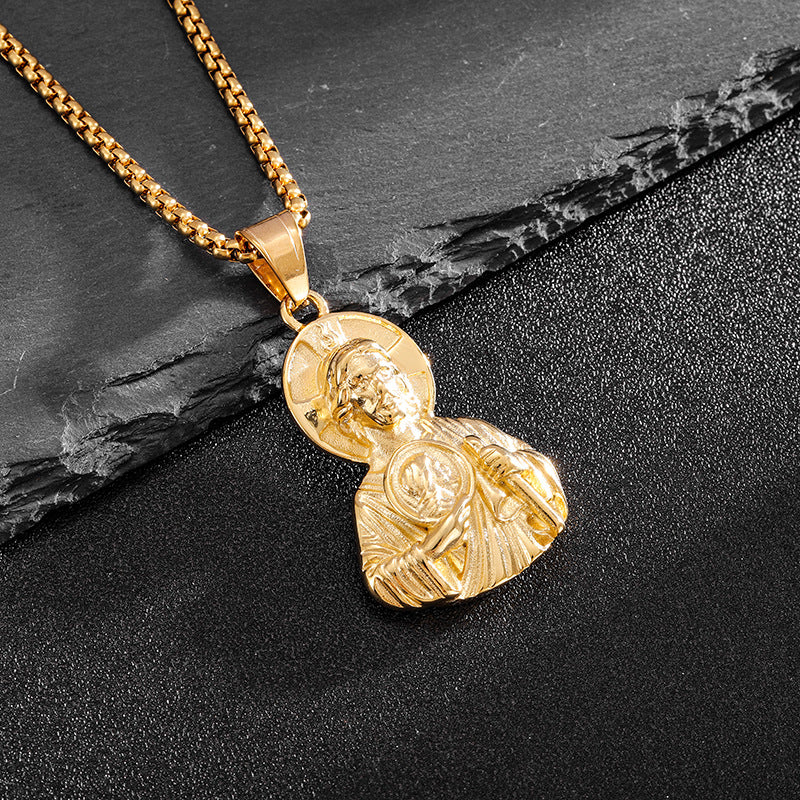 Planderful Everyday Genie St Jude Bust Pendant Stainless Steel Gold Plated For Men Durable Religious Jewelry Gift