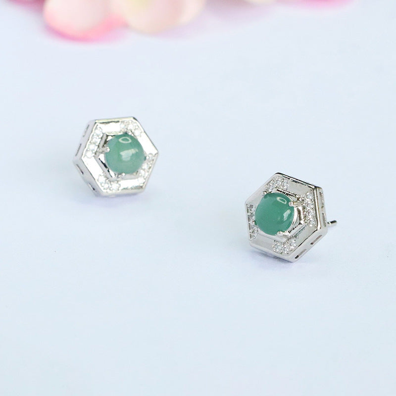 Blue-Water Jadeite Square Halo Stud Earrings