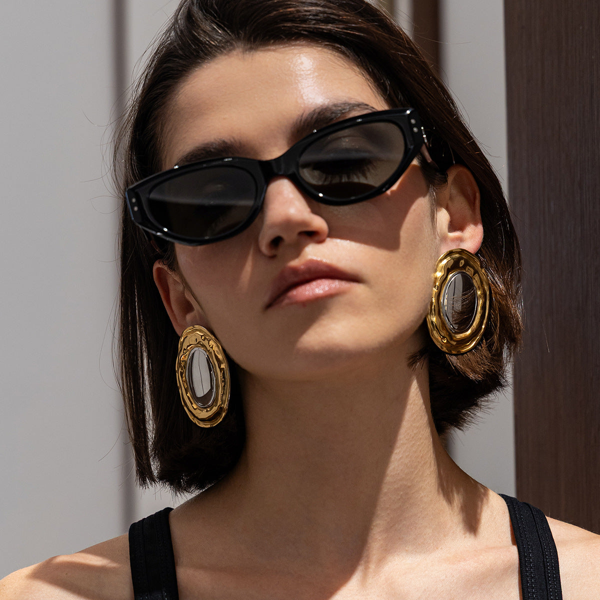 Planderful Vienna Verve Stainless Steel Stud Earrings For Women Textured Oval Beaten Texture