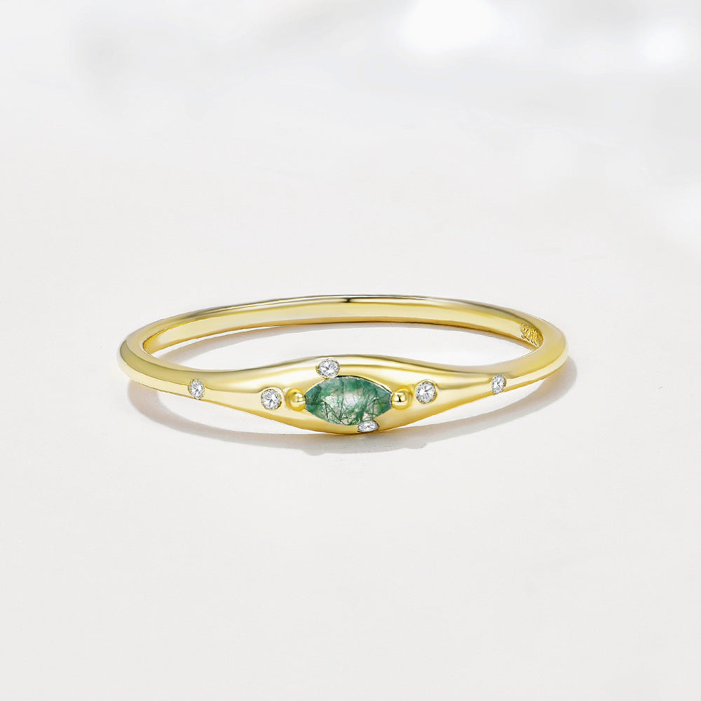 S925 Pure Silver-Green Moss Stone Ring, Fresh Aquatic Agate Finger Ring,