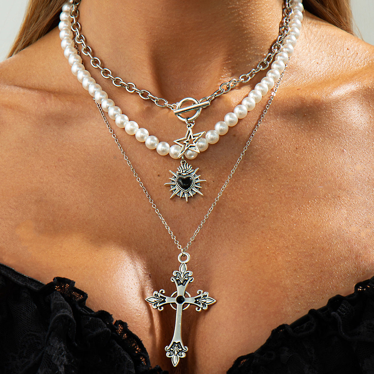 Pearl-Style Star & Cross Layered Necklace