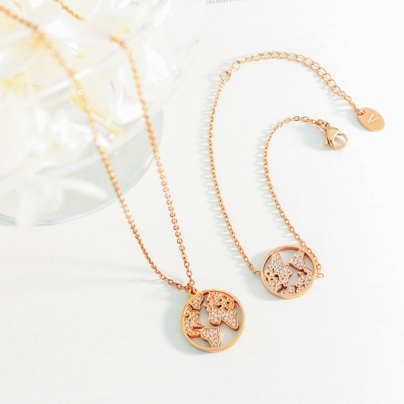 French Elegance Jewelry Set with Zircon Map Necklace, Rose Gold Finish - Ideal for Valentine's Day Gift