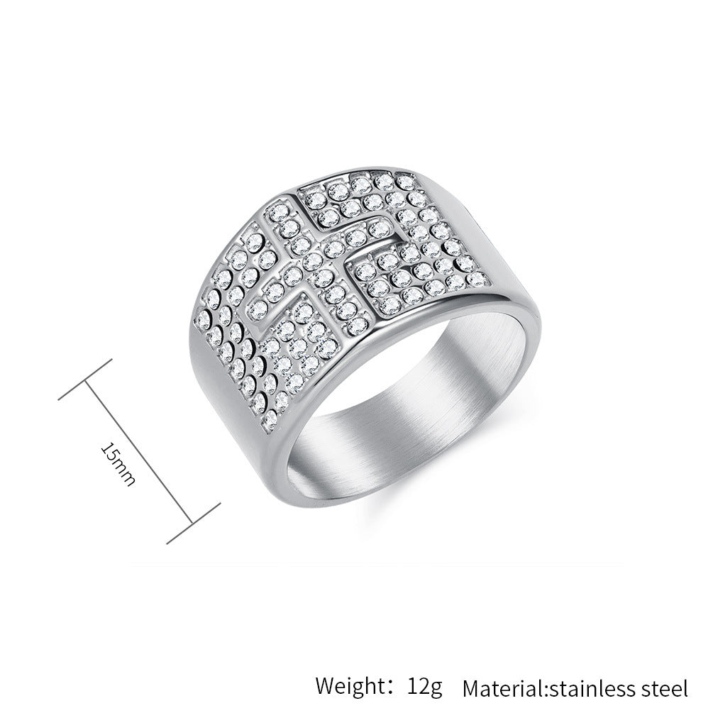 Planderful Mens Stainless Steel Gold Plated Ring With Full Zircon Cross Hip Hop Style Jewelry