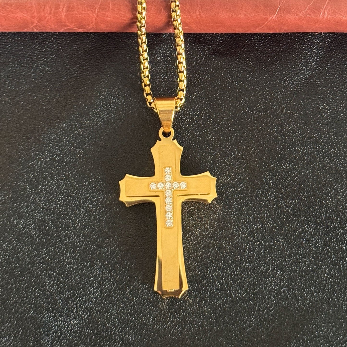 Planderful Titanium Steel Cross Pendant With Zircon Inlay 3D Three Layer Mens Stainless Necklace Punk European Style