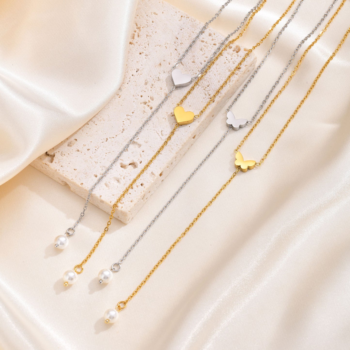 Butterfly Heart-Shaped Imitation Pearl Y-Shaped Gold Necklace Women's & Simplicity