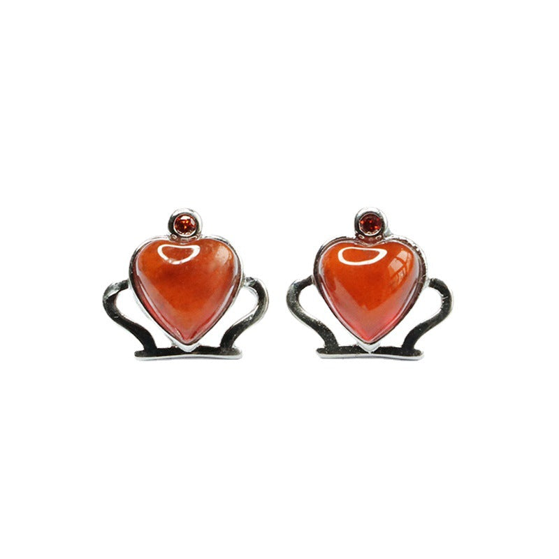 Orange Garnet Heart Crown 925 Silver Stud Earrings