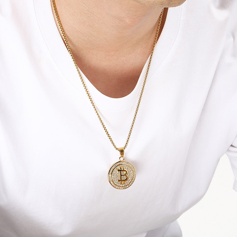 Full Of Zircon Ancient Roman Coins Round Pendant, Hip Hop Hiphop Sports Basketball Necklace