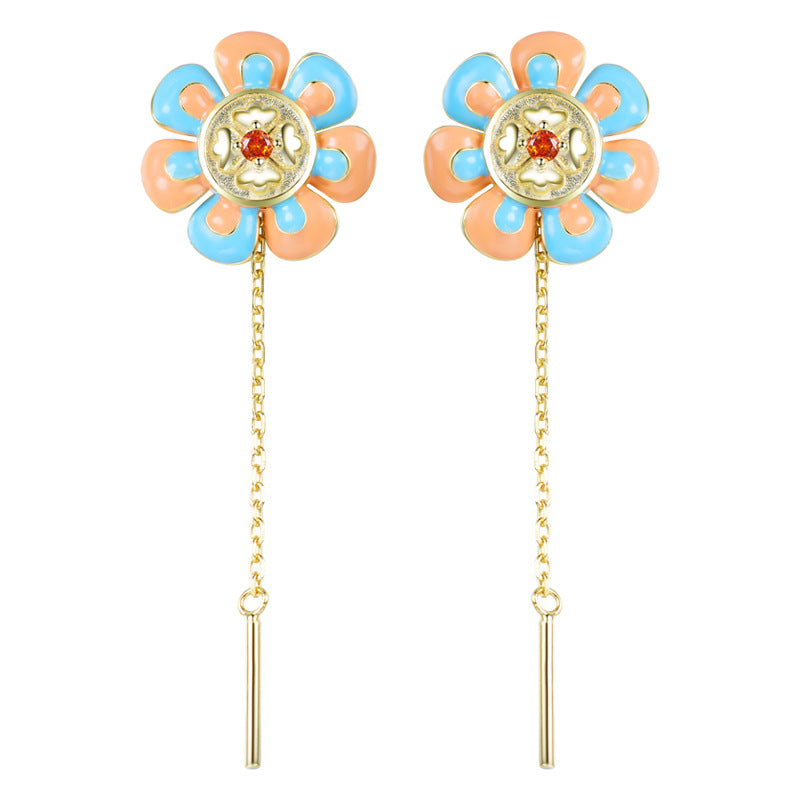 Coloured Flower Long Tassel Red Zircon Sterling Silver Drop Earrings