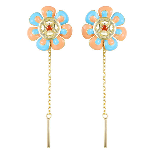 Coloured Flower Long Tassel Red Zircon Sterling Silver Drop Earrings