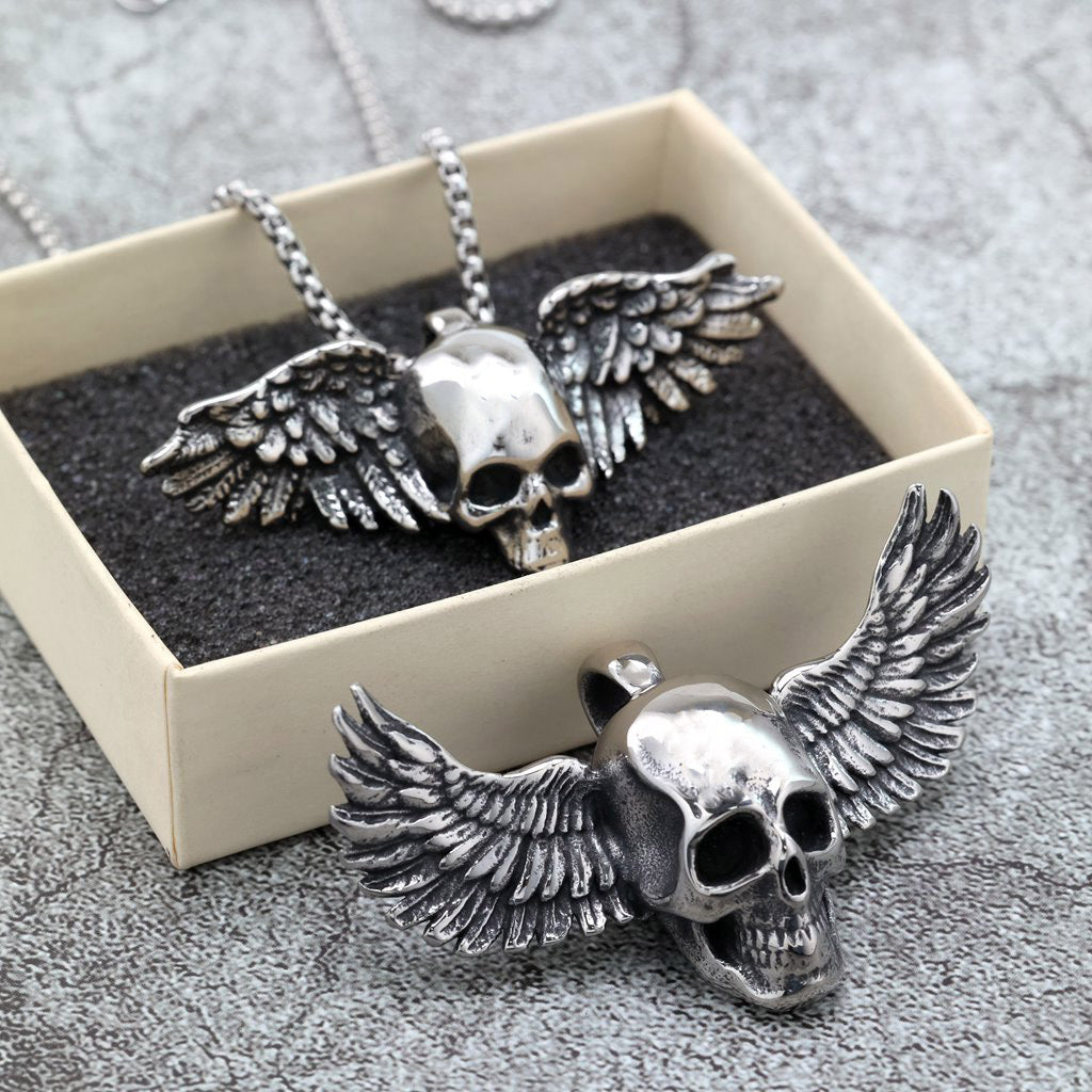 Planderful Unisex 3D Skull Wing Pendant Necklace in Retro Stainless Steel Everyday Genie Edition