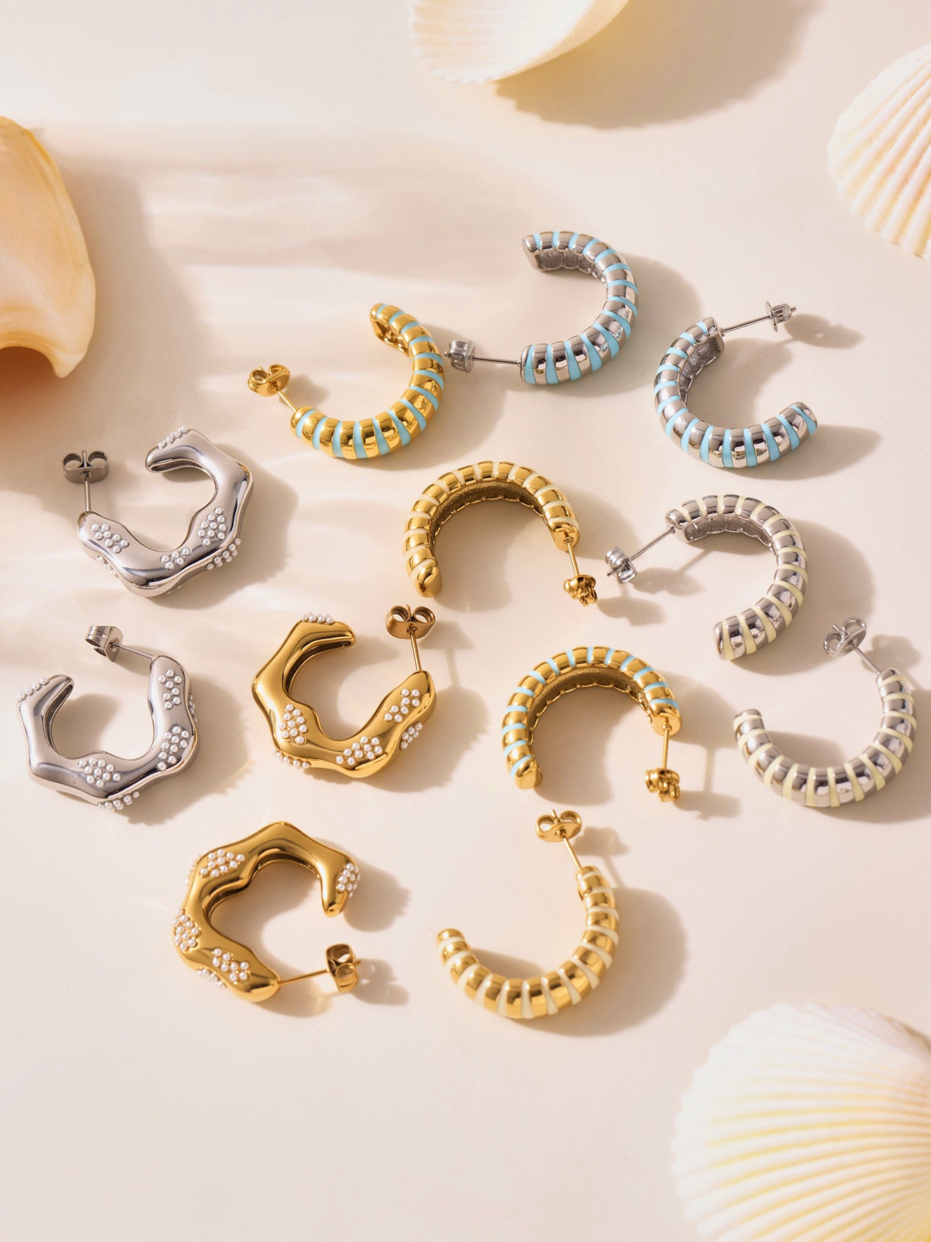 Planderful Inlaid Bead C Shape Wave Earrings Gold For Women