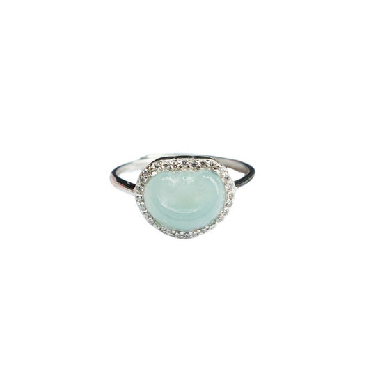 Sterling Silver Adjustable Ice Blue Green Jade Ruyi Ring with Zircon Halo