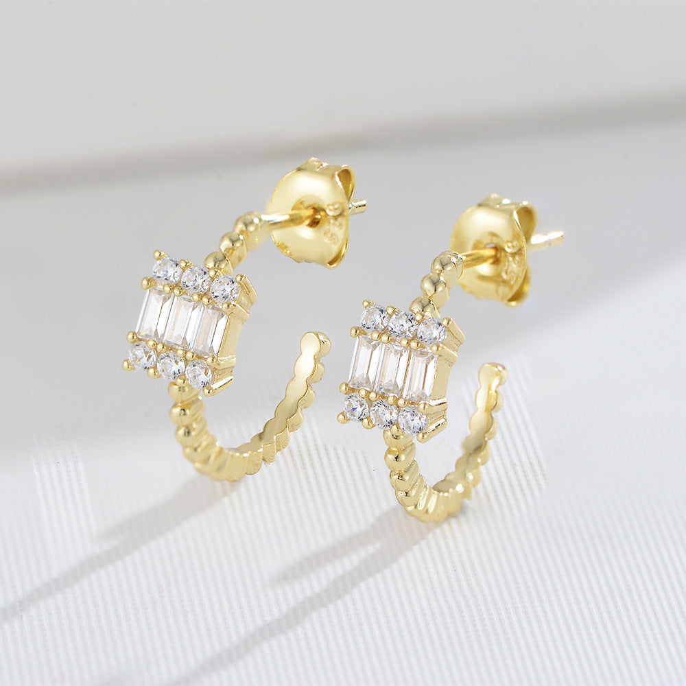 925 Sterling Silver Trend Retro Square Flash Zircon Stud Earrings Popular Zircon Earrings