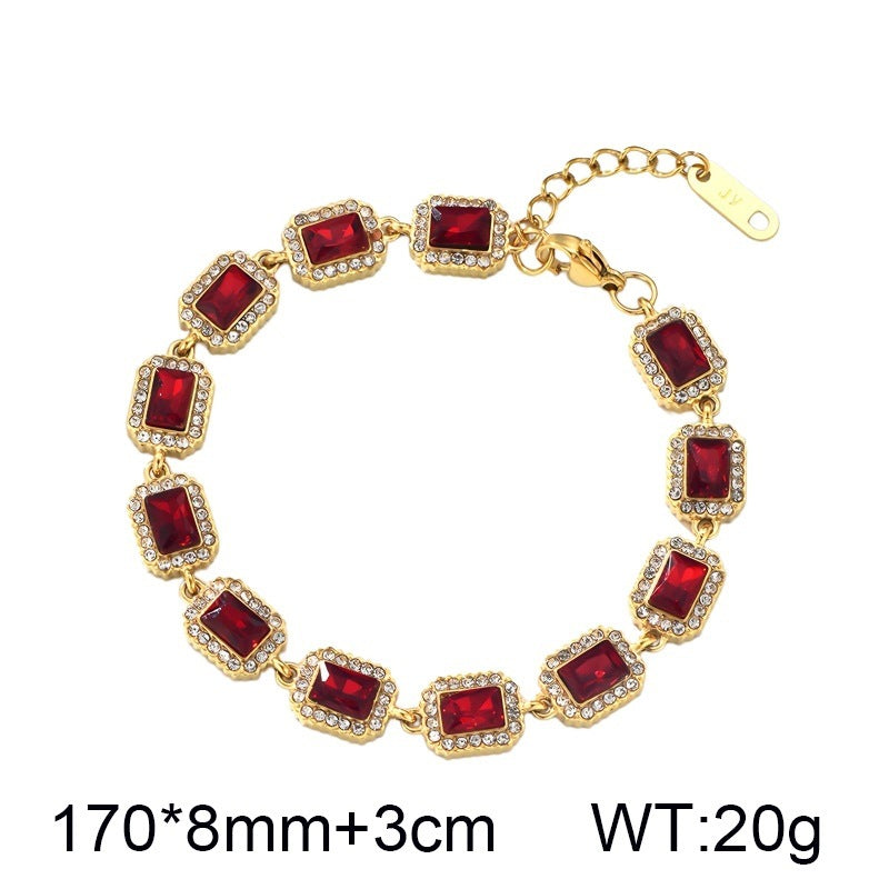 Color Surrounding Square Zircon Stainless Steel Bracelet Palace Style Adjustable