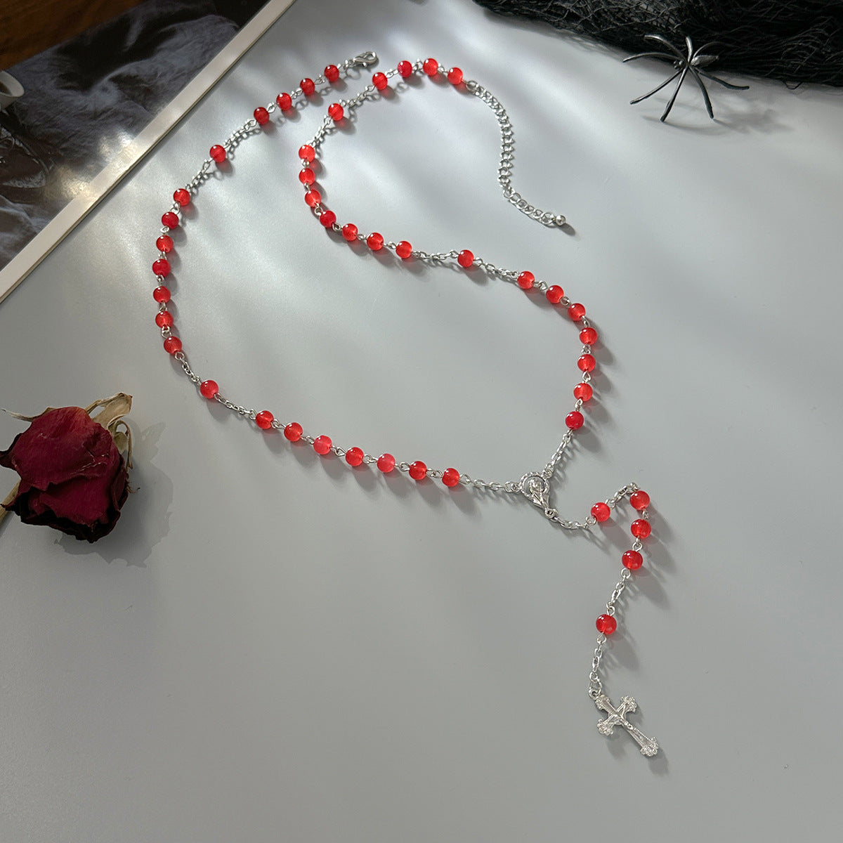 Red Glass Bead Cross Y-Necklace