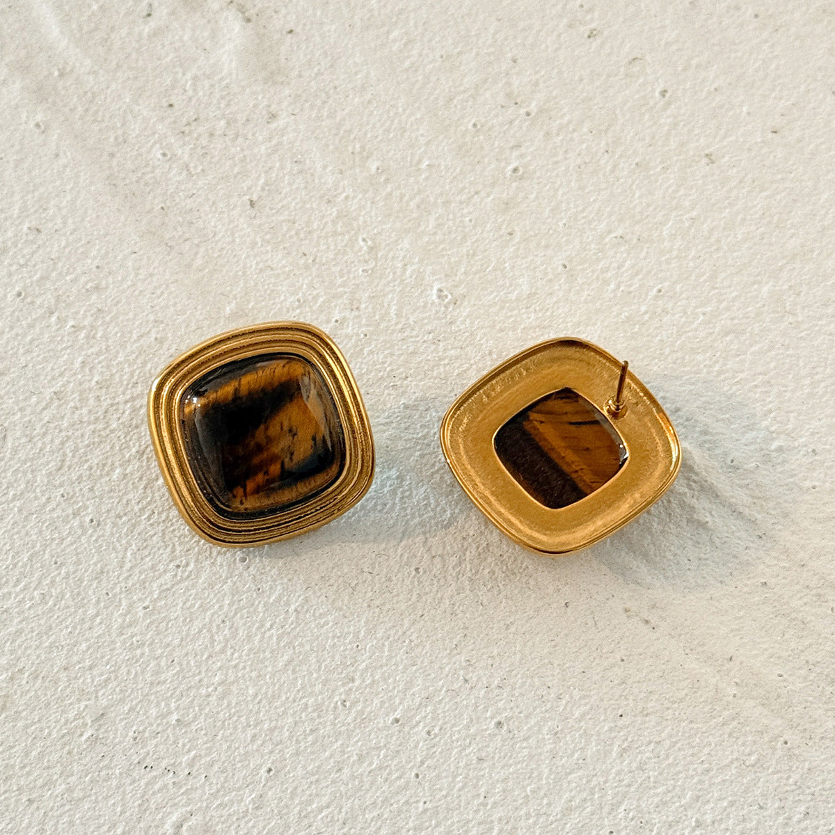 Planderful Stainless Steel Stud Earrings Tiger Stone Inlaid Geometric Pearl Square Statement For Trendsetting Women