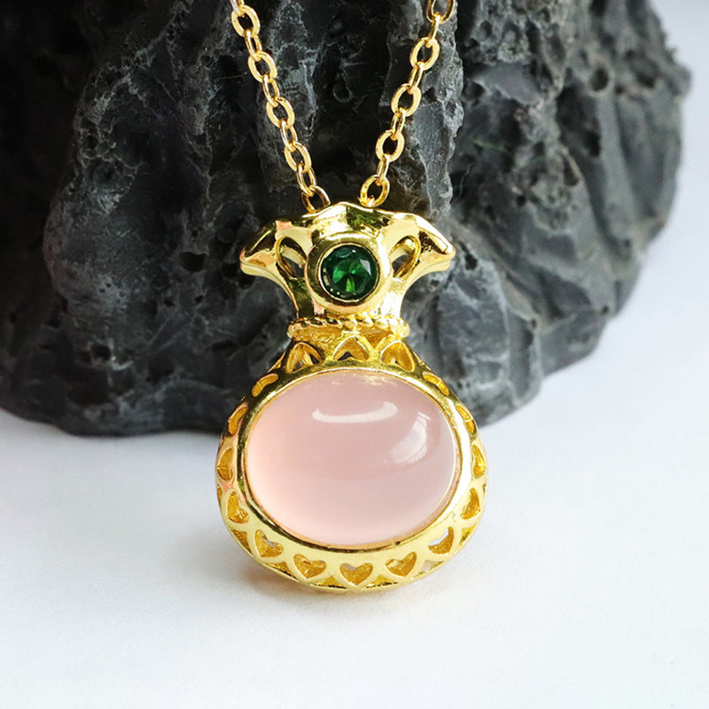 Pink Chalcedony Money Bag Necklace with Oval Pendant